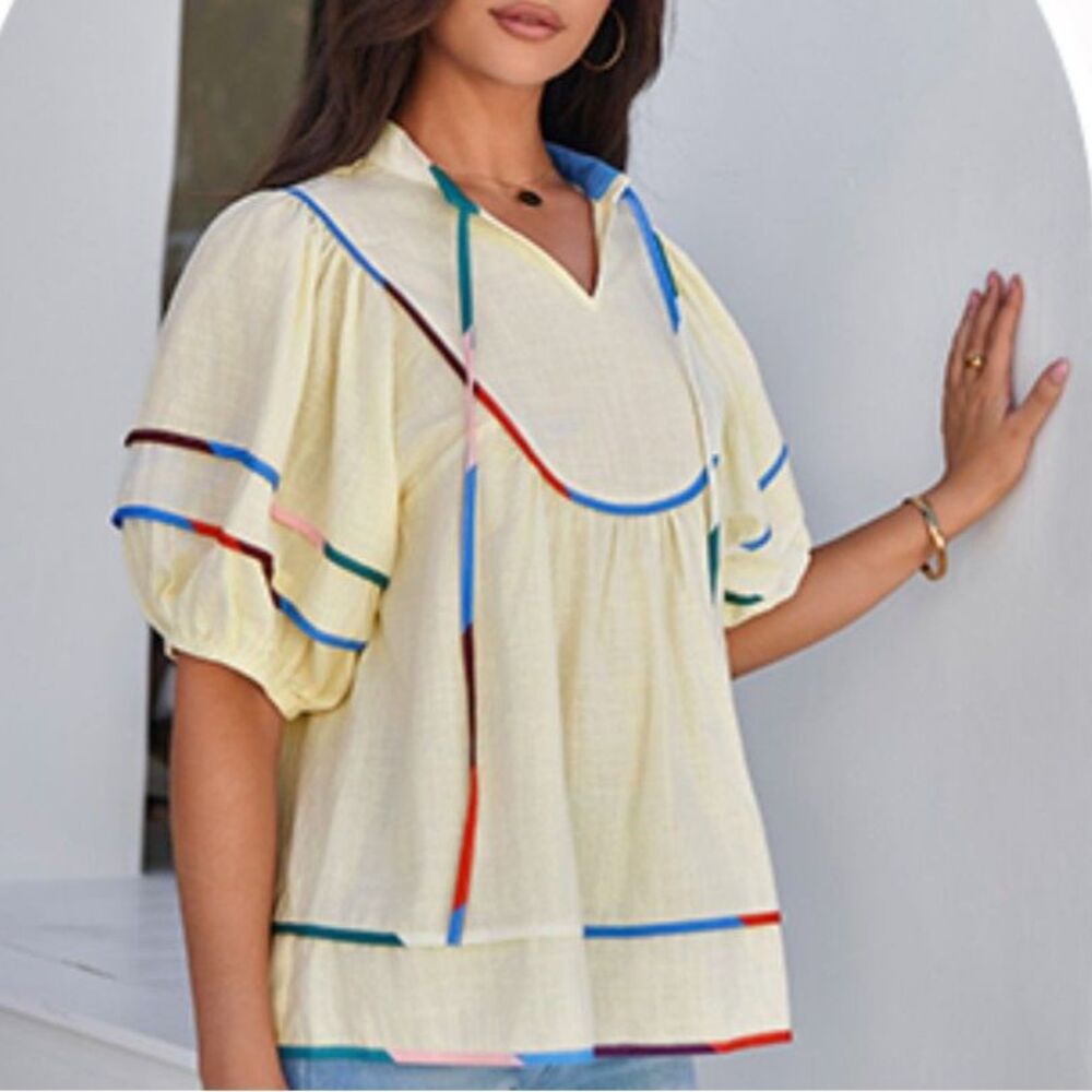 Cicy Bell Boho Puff Sleeve Textured Cotton Blouse XL Beige Colorblock Tape Trim